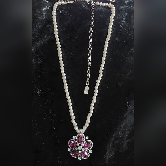 Vintage 1928 Jewelry - VINTAGE 1928 FAUX PEARL & DARK PINK PENDANT NECKLACE